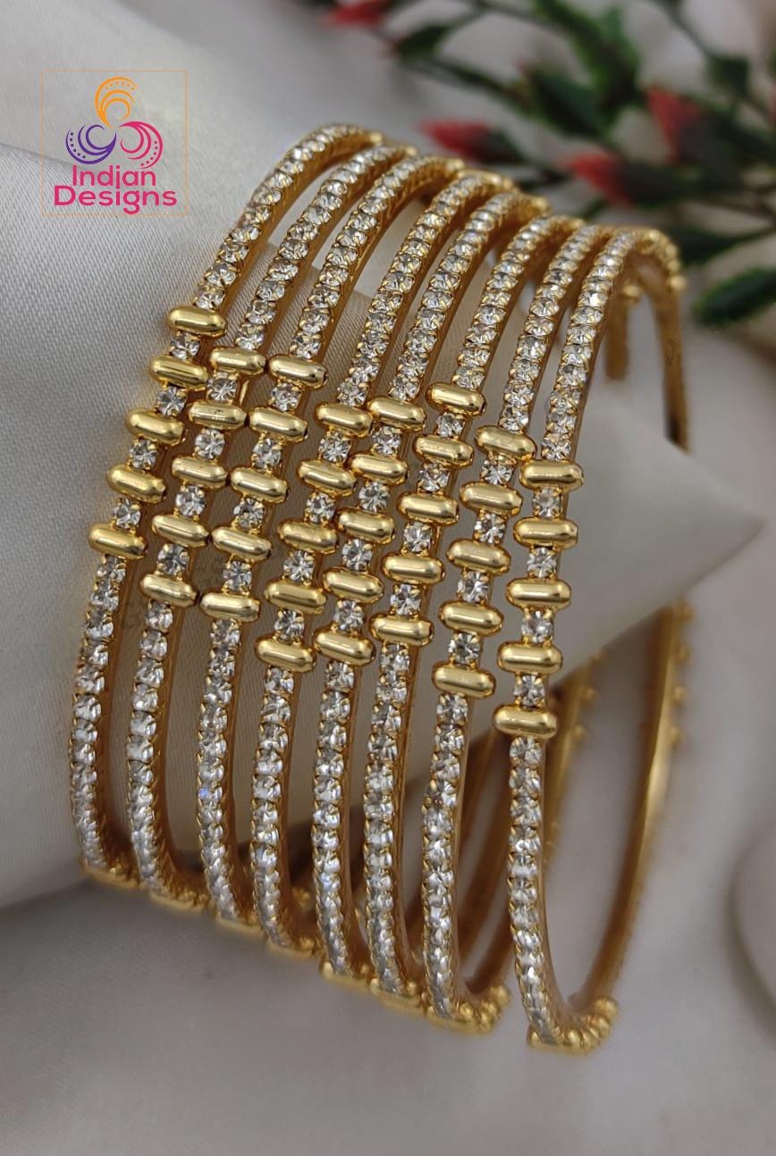 Gold Plated Indian Bangles Set of 8| Black & White CZ Stone Bangles| Minimalist PartyWear bracelet bangle| Lightweight bangles| Gift for her