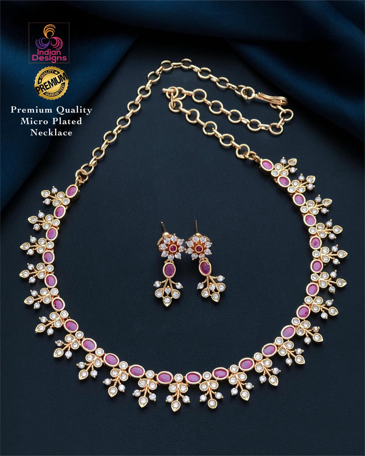 American Diamond Ruby Green Necklace Set| Matte Finish CZ Jewelry with Pearl Drop| Wedding & Party Wear Necklace Earring Combo|Gift for her