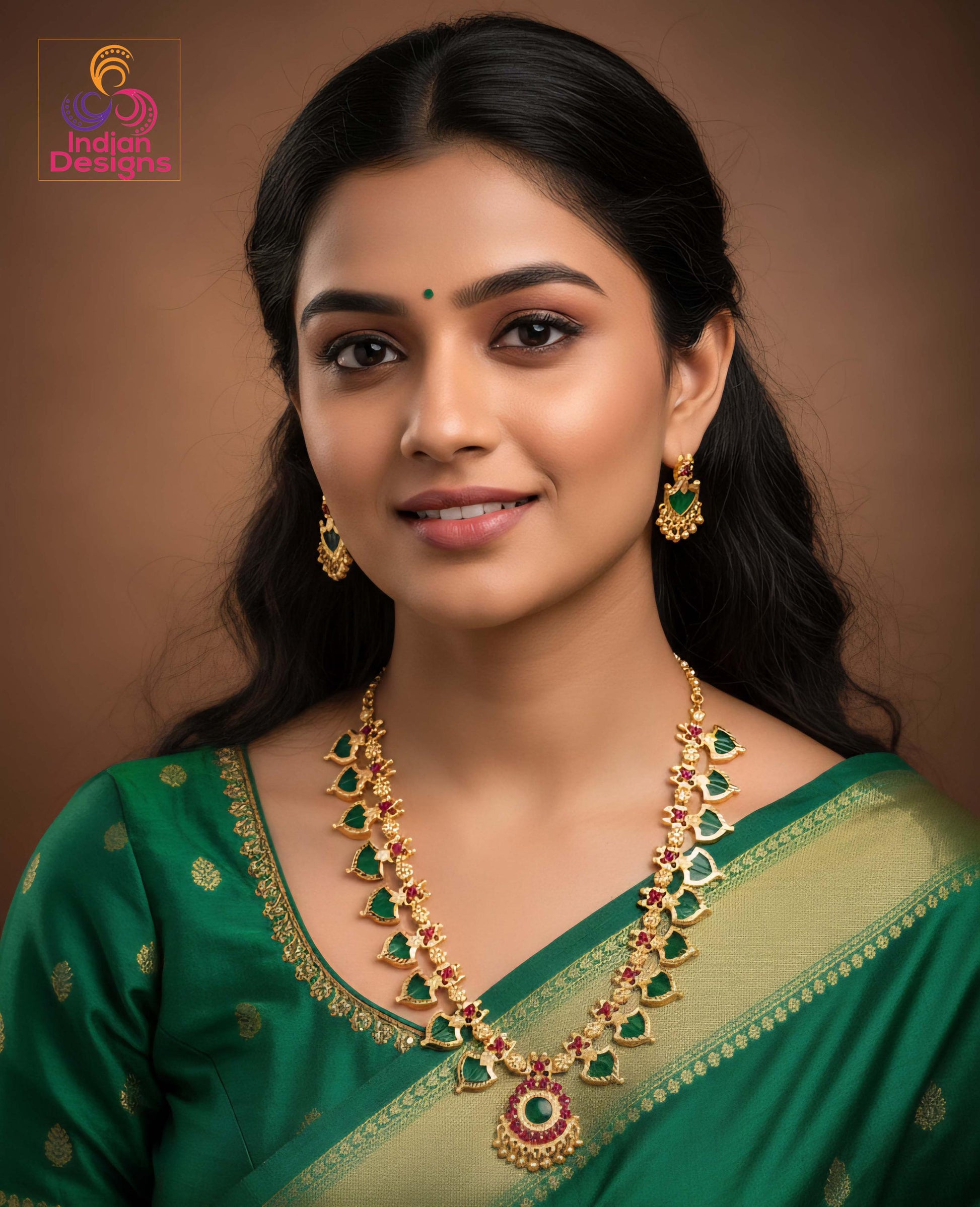 Traditional Kerala Style Palakka Mala set| South Indian Green Ruby Necklace and Earrings| Gold Plated Indian Temple Jewelry| Gift for her