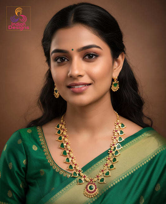Traditional Kerala Style Palakka Mala set| South Indian Green Ruby Necklace and Earrings| Gold Plated Indian Temple Jewelry| Gift for her