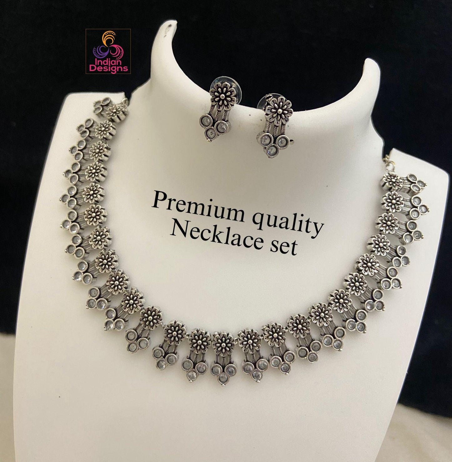 Indian Oxidized Choker Necklace Earring set| Oxidized German Silver Jewelry| Antique Necklace with Earrings by Indian Designs| Gift for her