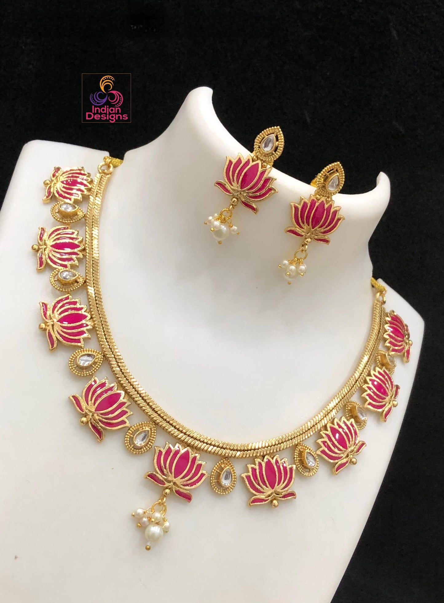 Lotus Choker Necklace Set| Enamel Gold Finish Jewelry| Pearl Drop Necklace with Earrings| Traditional South Indian Design style|Gift for her