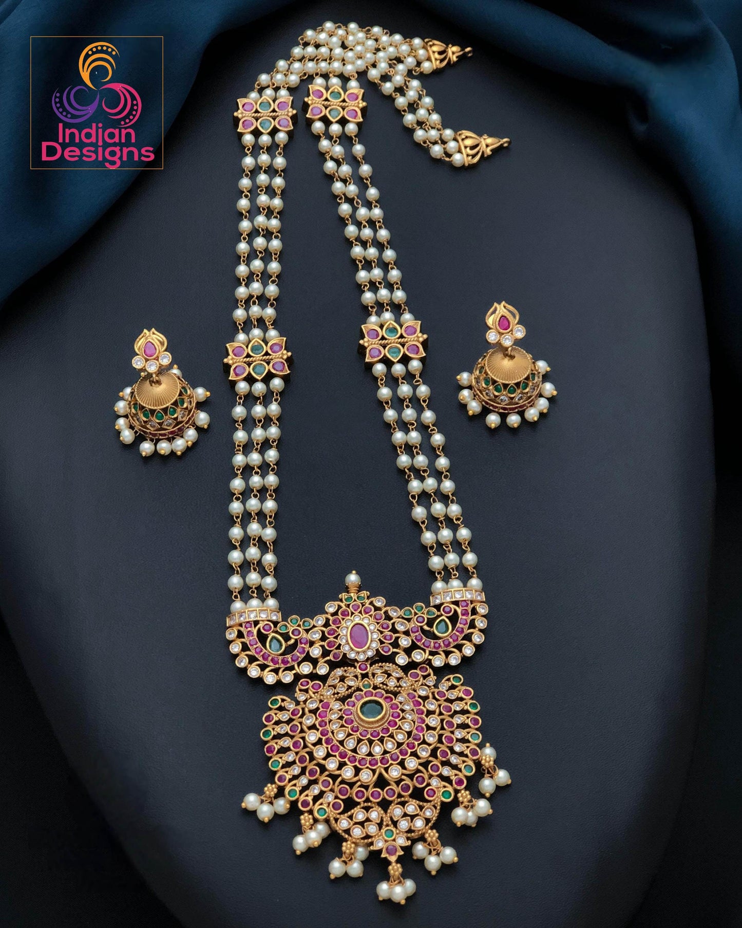South Indian Matte Finish Pearl Haram| Long Gold Plated Temple Necklace Set| Ruby Green AD Stone Traditional Jewelry| Bridal Rani Haar