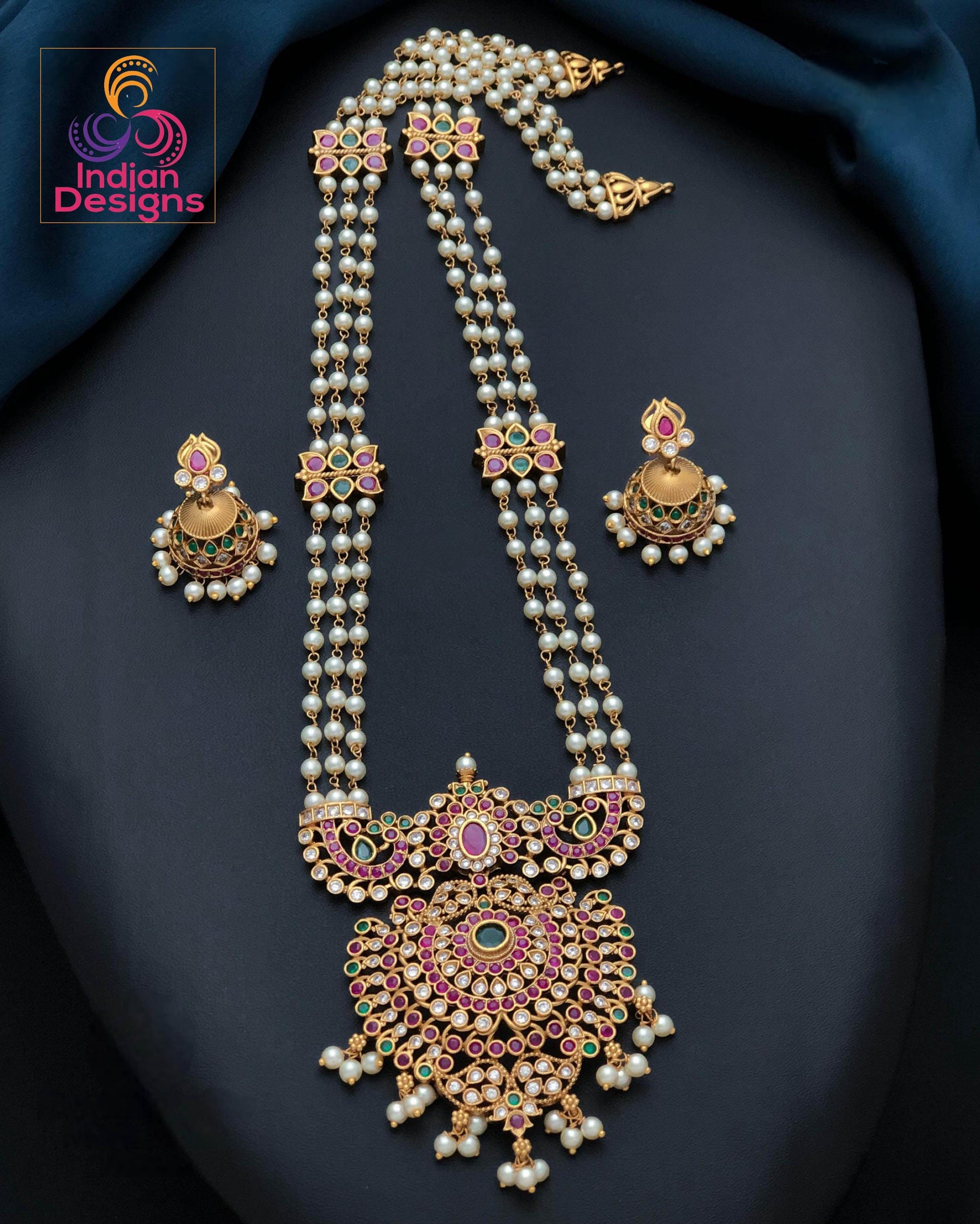 South Indian Matte Finish Pearl Haram| Long Gold Plated Temple Necklace Set| Ruby Green AD Stone Traditional Jewelry| Bridal Rani Haar