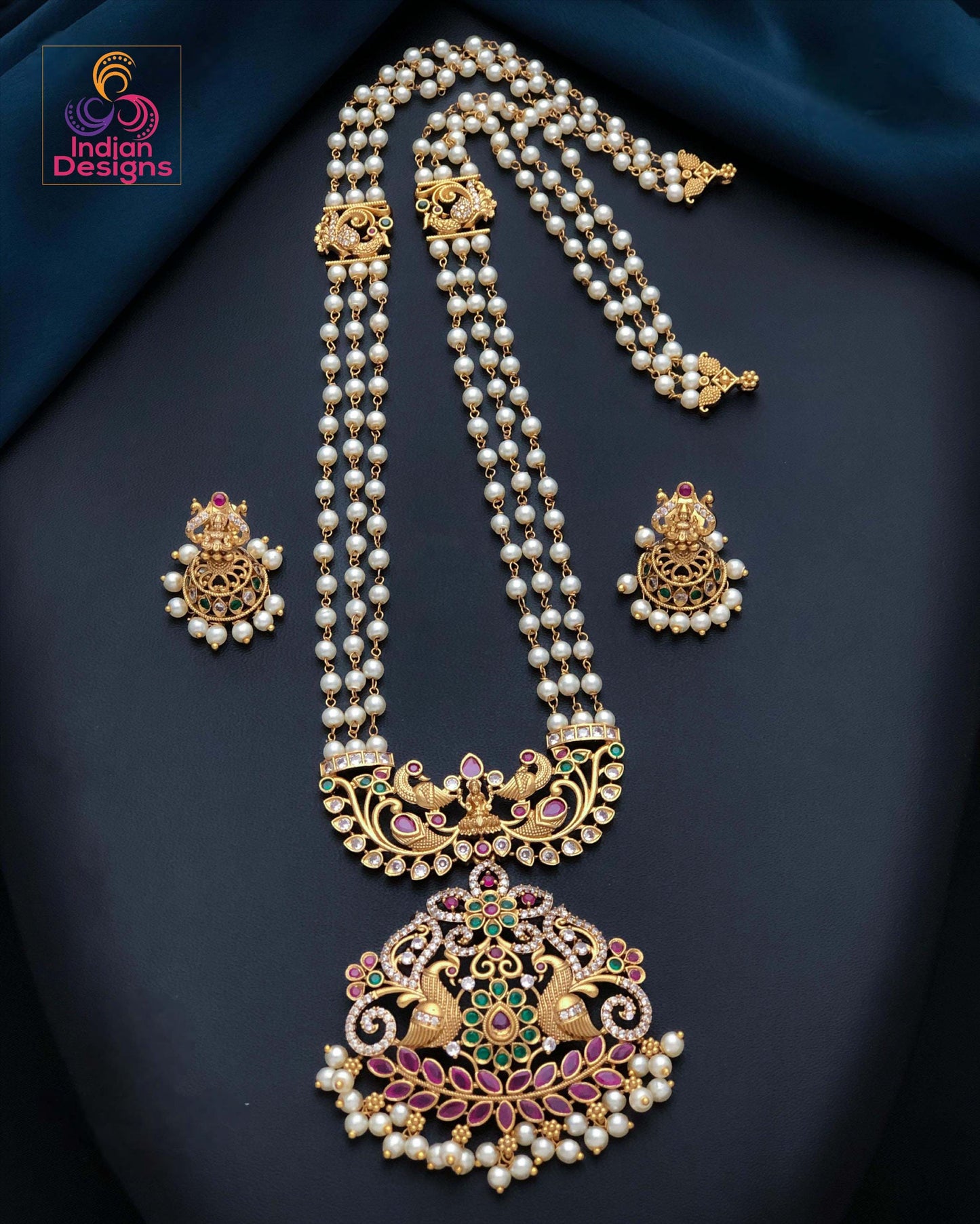 South Indian Matte Finish Pearl Haram| Long Gold Plated Temple Necklace Set| Ruby Green AD Stone Traditional Jewelry| Bridal Rani Haar
