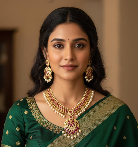 Ruby Pearl Gold Plated Necklace Set| South Indian Temple Jewelry| Luxury Bridal Choker with Jhumka Earrings| Wedding Jewelry| Gift for her