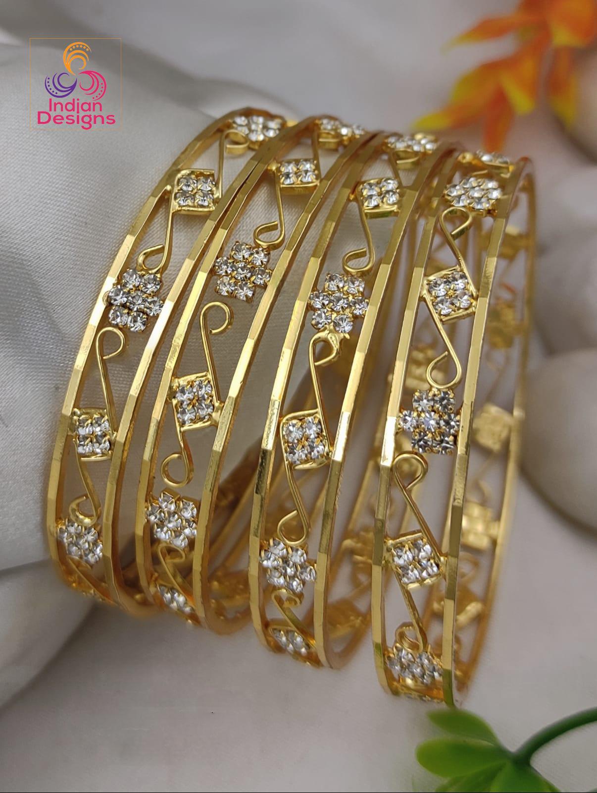 One Gram Gold AD Stone Bangles Set of 4| Lightweight American Diamond Bangles| Daily Wear Indian Jewelry| CZ Stone Gold Plated Kada bracelet
