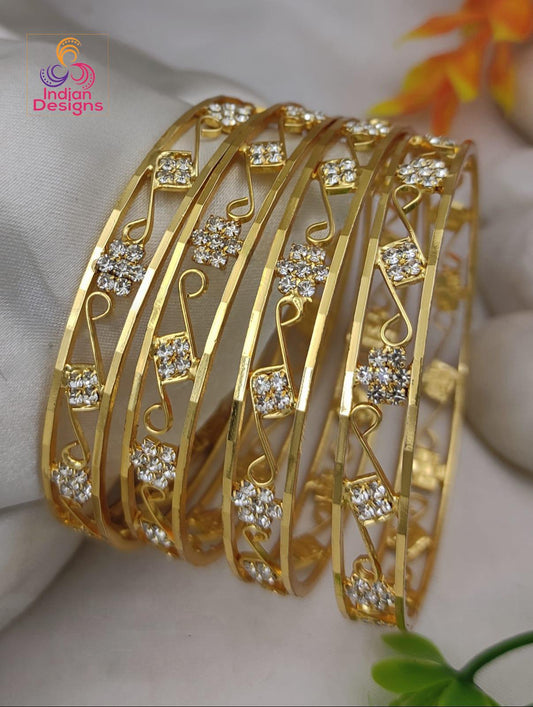 One Gram Gold AD Stone Bangles Set of 4| Lightweight American Diamond Bangles| Daily Wear Indian Jewelry| CZ Stone Gold Plated Kada bracelet