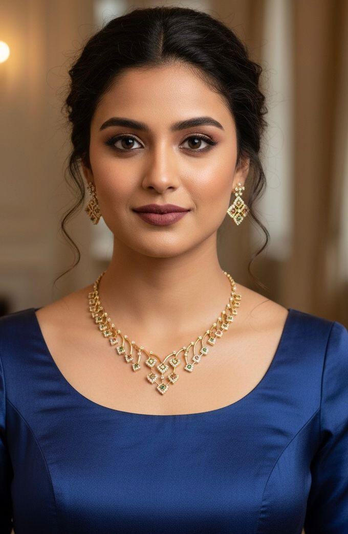 Matte Gold Necklace Earrings Simple choker set| American Diamond Ruby and Emerald Necklaces| Traditional gold necklace designs| Gift for her