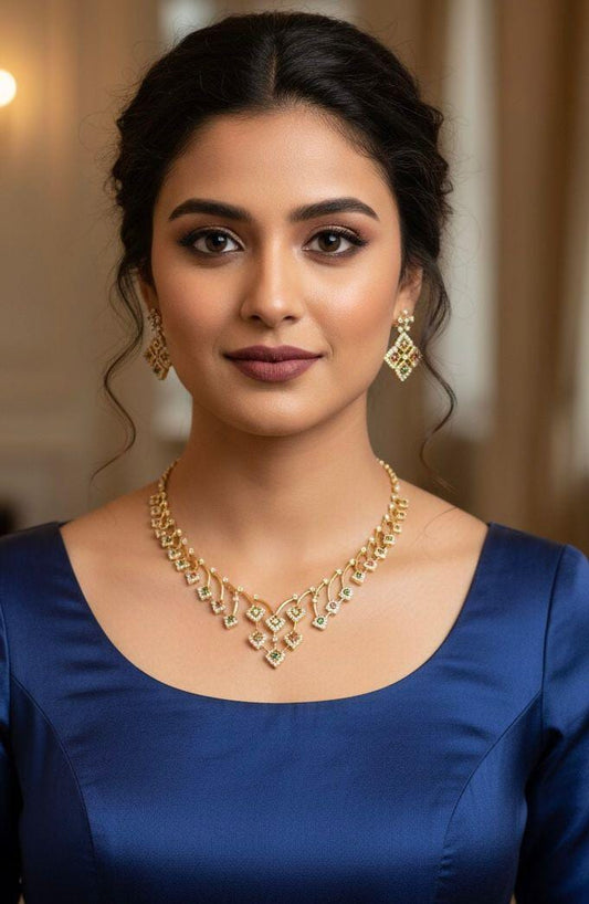 Matte Gold Necklace Earrings Simple choker set| American Diamond Ruby and Emerald Necklaces| Traditional gold necklace designs| Gift for her