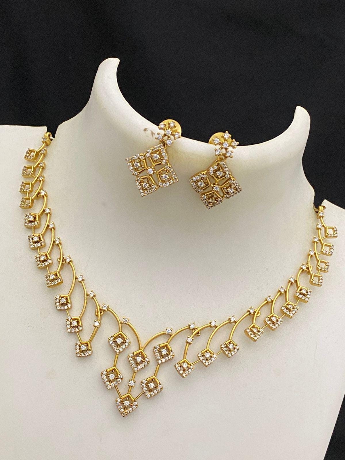 Matte Gold Necklace Earrings Simple choker set| American Diamond Ruby and Emerald Necklaces| Traditional gold necklace designs| Gift for her