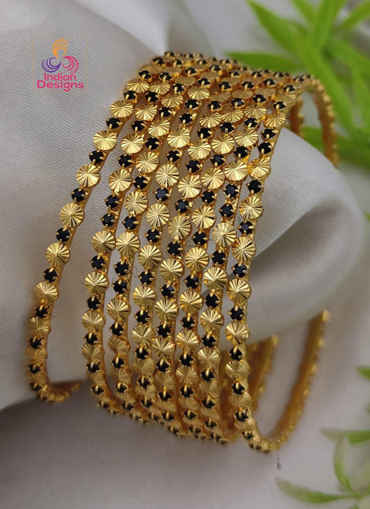 Gold Plated Bangles Set of 8| Black & White Stone Bangles| Lightweight Daily Wear Indian Jewelry| South Indian Gold Kada Set| Gift for her