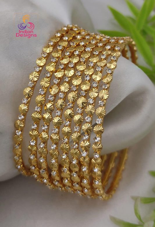 Gold Plated Bangles Set of 8| CZ White Stone Bangles| Lightweight Daily Wear Indian Jewelry| South Indian Gold Kada Set| Gift for her