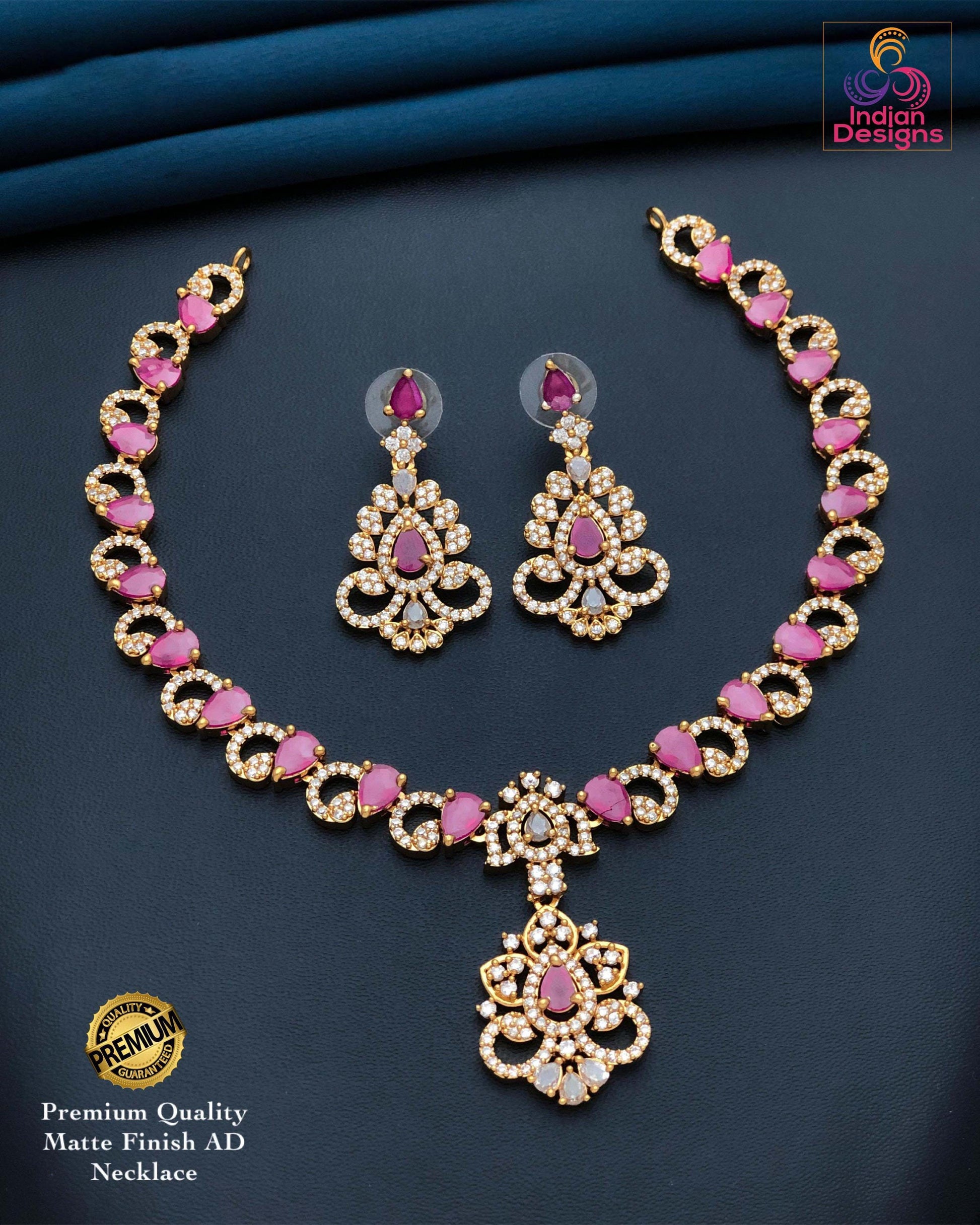 Matte Finish AD Necklace Set| American Diamond Jewelry| Lightweight Bridal Necklace with Earrings| Indian Designs
