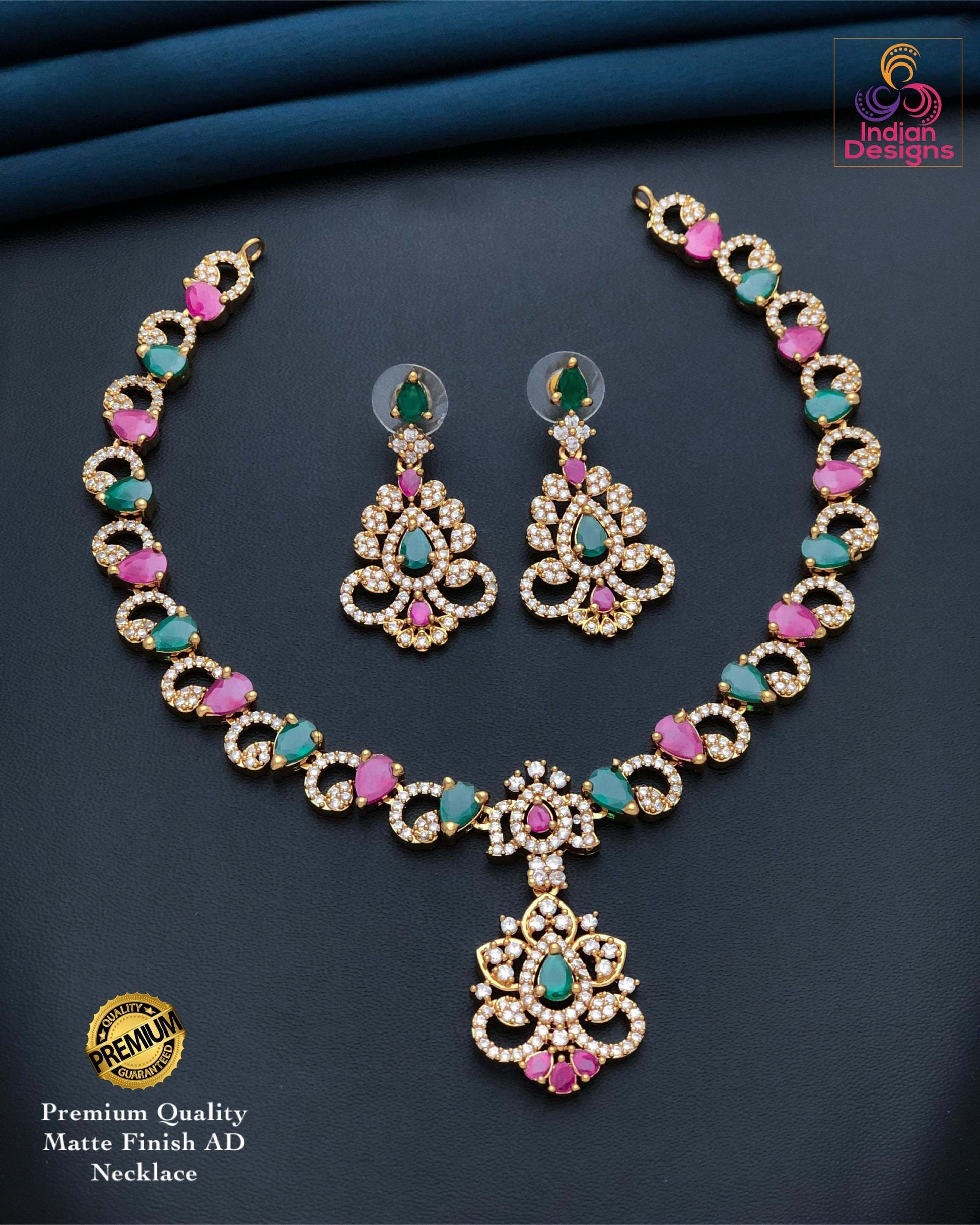 Matte Finish AD Necklace Set| American Diamond Jewelry| Lightweight Bridal Necklace with Earrings| Indian Designs