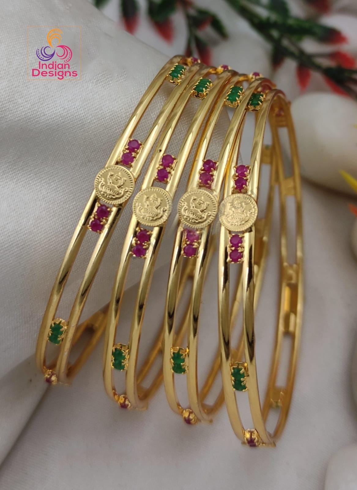 Gold Plated Daily wear Bangle set of 4| Gold Coin Bangles| Ruby Green Stone Lightweight Bangles| Wedding bangle set |Bollywood Bangle set
