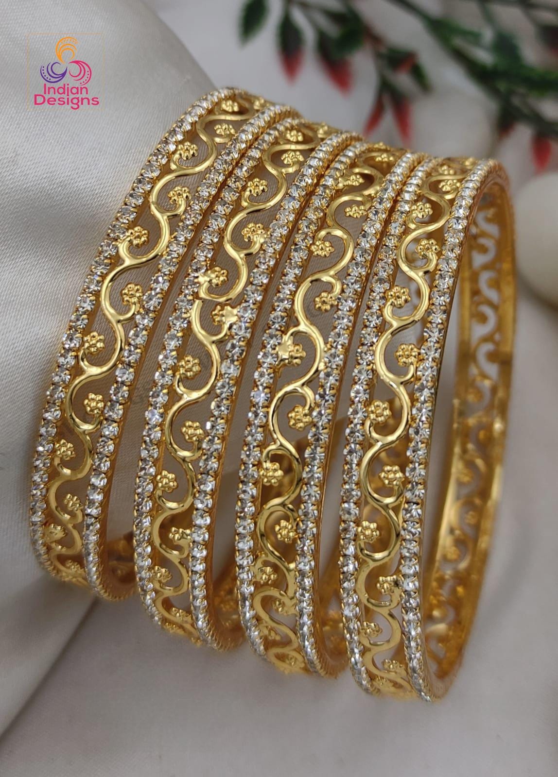 One Gram Gold AD Stone Bangles Set| Traditional Filigree Scrollwork Kada Bracelets|Party Wear American Diamond Bangles set of 4|Gift For her