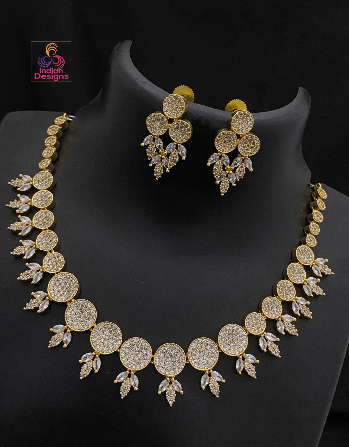 Round AD Stone Necklace Set| Gold Plated Choker with Earrings| American Diamond Ruby Green CZ Necklace| South Indian style Set| Gift for Her