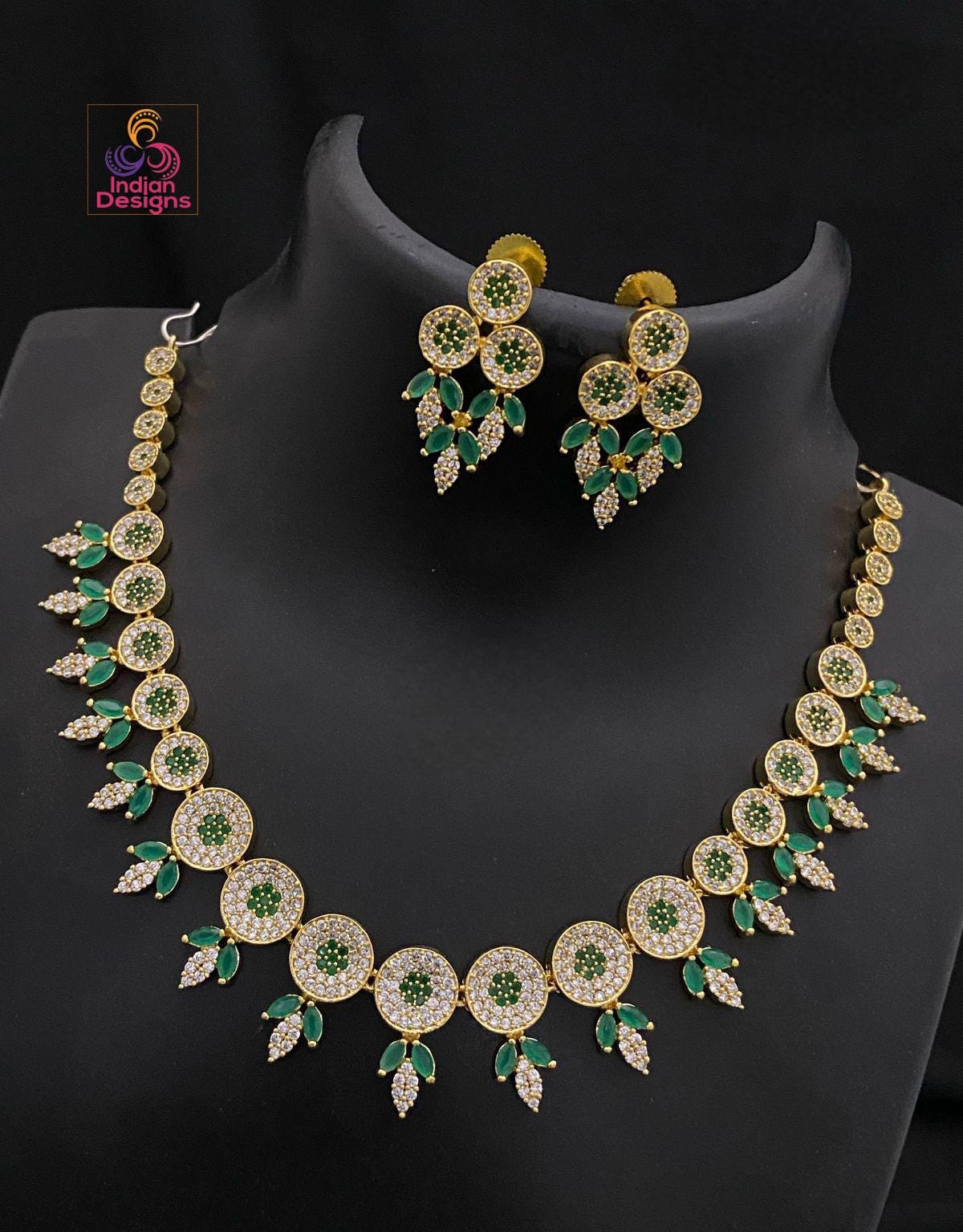 Round AD Stone Necklace Set| Gold Plated Choker with Earrings| American Diamond Ruby Green CZ Necklace| South Indian style Set| Gift for Her