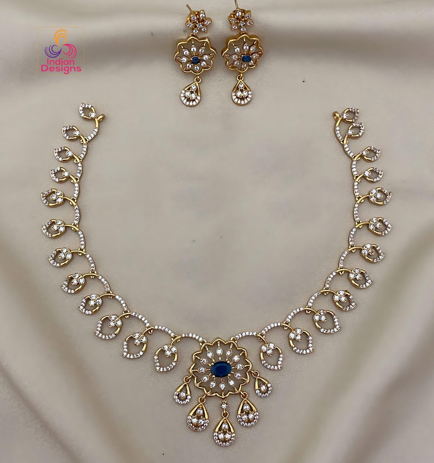 Floral AD Stone Necklace Set with Earrings| Gold Finish CZ Jewelry| Ruby, Green, Blue, Turquoise Necklace| Indian Wedding Necklace Set