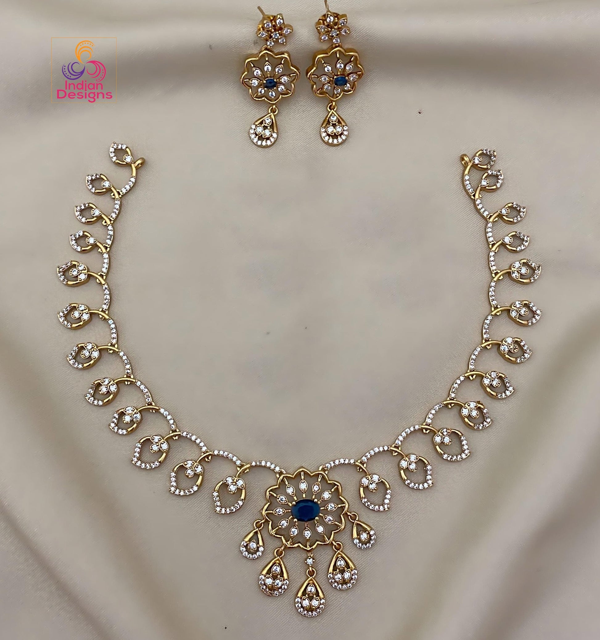Floral AD Stone Necklace Set with Earrings| Gold Finish CZ Jewelry| Ruby, Green, Blue, Turquoise Necklace| Indian Wedding Necklace Set