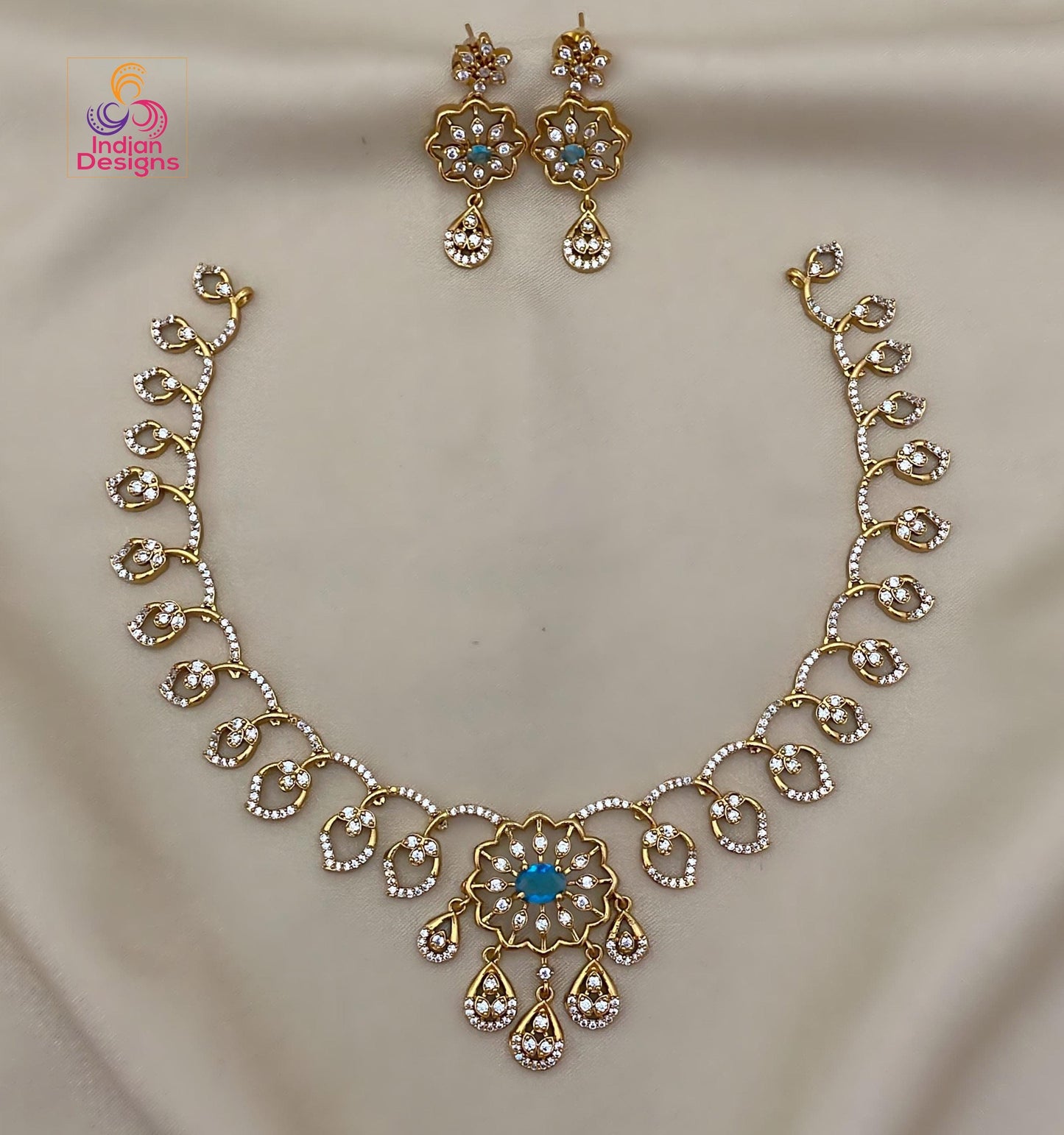 Floral AD Stone Necklace Set with Earrings| Gold Finish CZ Jewelry| Ruby, Green, Blue, Turquoise Necklace| Indian Wedding Necklace Set