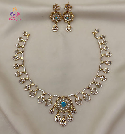 Floral AD Stone Necklace Set with Earrings| Gold Finish CZ Jewelry| Ruby, Green, Blue, Turquoise Necklace| Indian Wedding Necklace Set