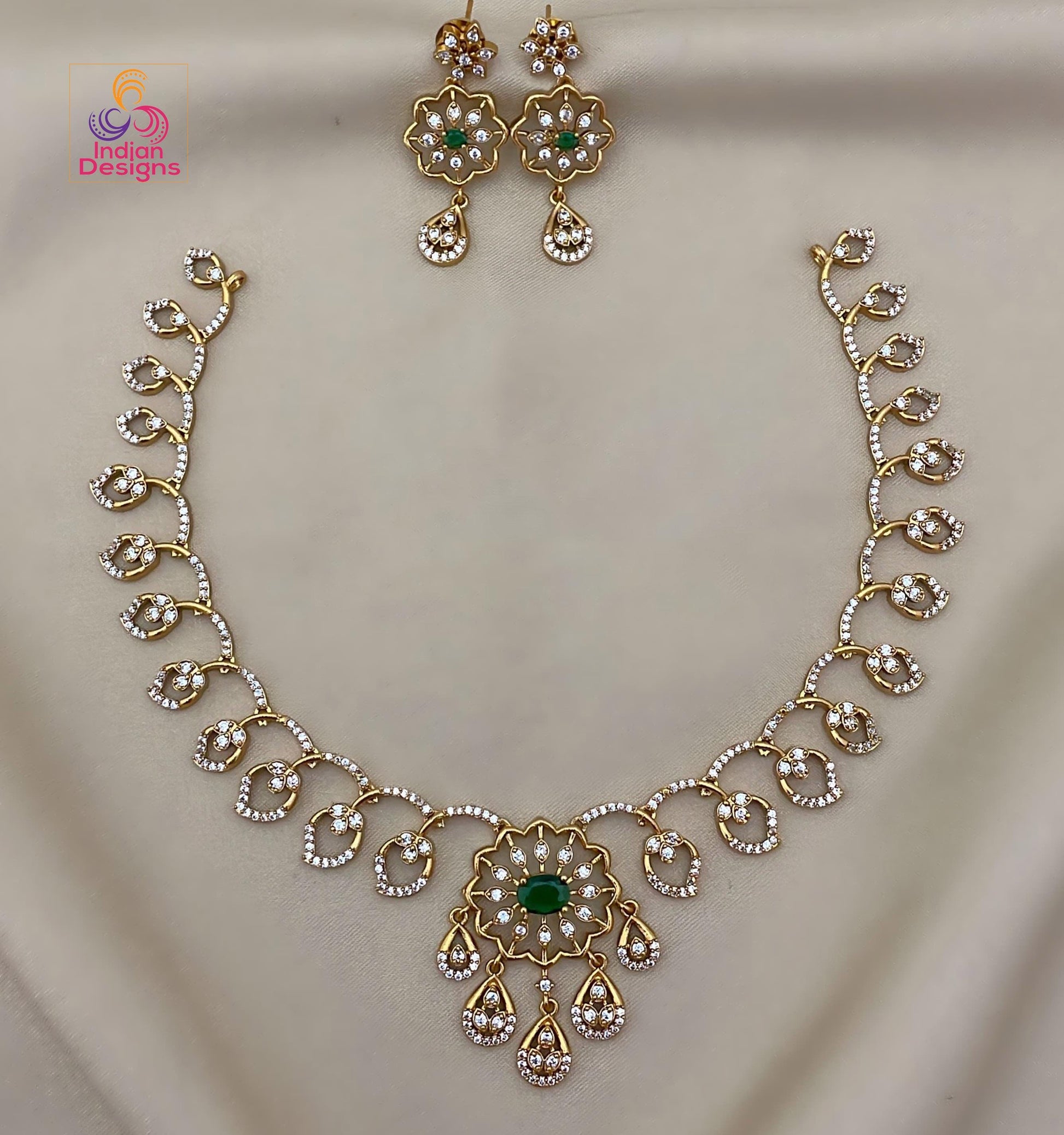 Floral AD Stone Necklace Set with Earrings| Gold Finish CZ Jewelry| Ruby, Green, Blue, Turquoise Necklace| Indian Wedding Necklace Set