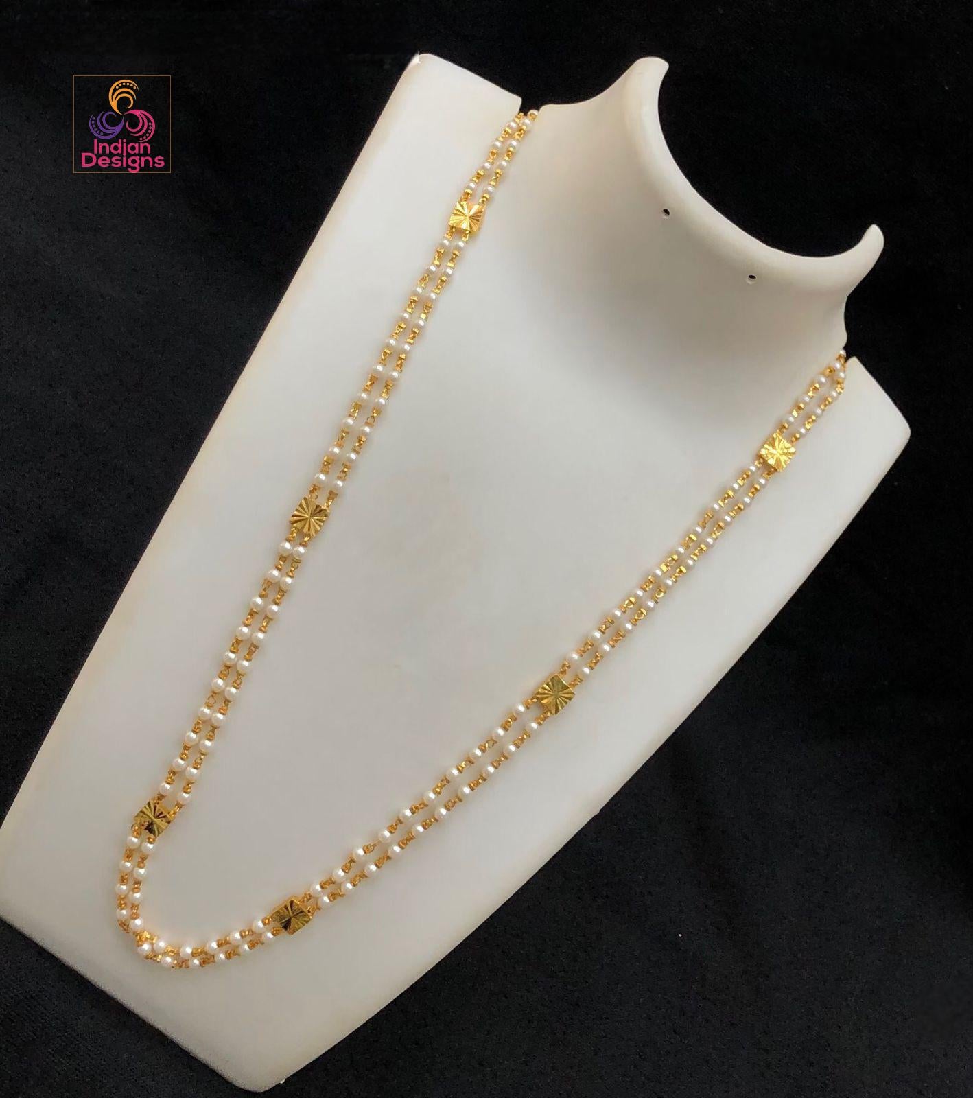 Double Layer Mangalsutra Chain| Gold Finish Daily Wear Long Bead Chain| Black Beads & Pearl Beads mala| Traditional South Indian Jewelry|