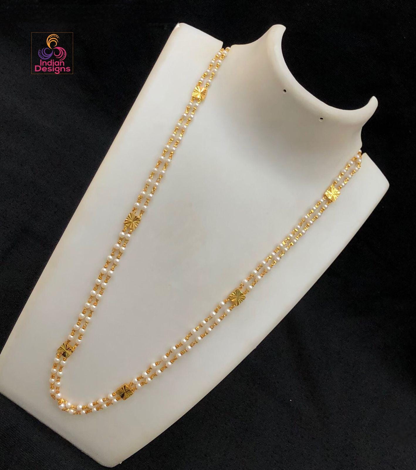 Double Layer Mangalsutra Chain| Gold Finish Daily Wear Long Bead Chain| Black Beads & Pearl Beads mala| Traditional South Indian Jewelry|