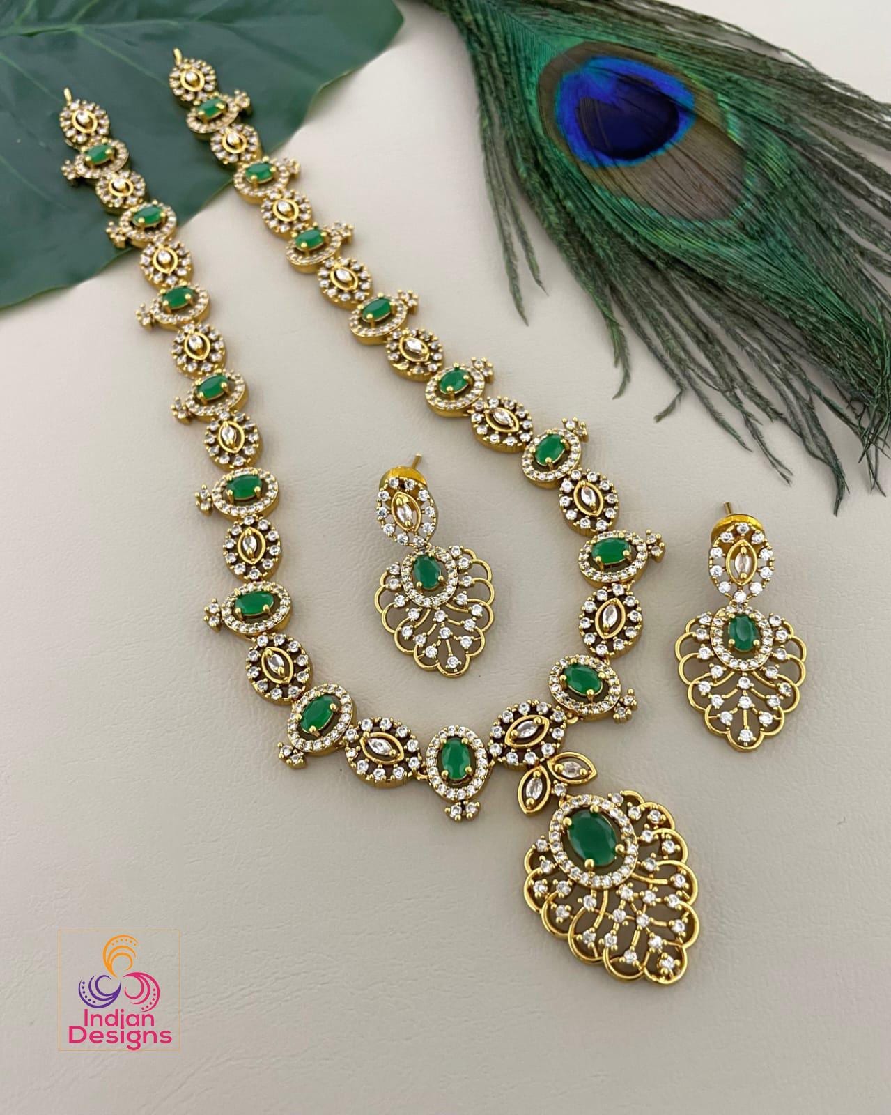 Ruby & Emerald AD Stone Necklace Set| Matte Gold Finish Bridal Jewelry| Long Haram Necklace with Earrings| Indian Wedding Jewelry| Gift set