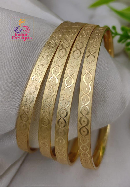 Matte Finish Gold Bangles 4Pcs| Lightweight Traditional Bangles| Simple Daily Wear Indian Bangles Etched Design Gold Plated Set|Gift for her