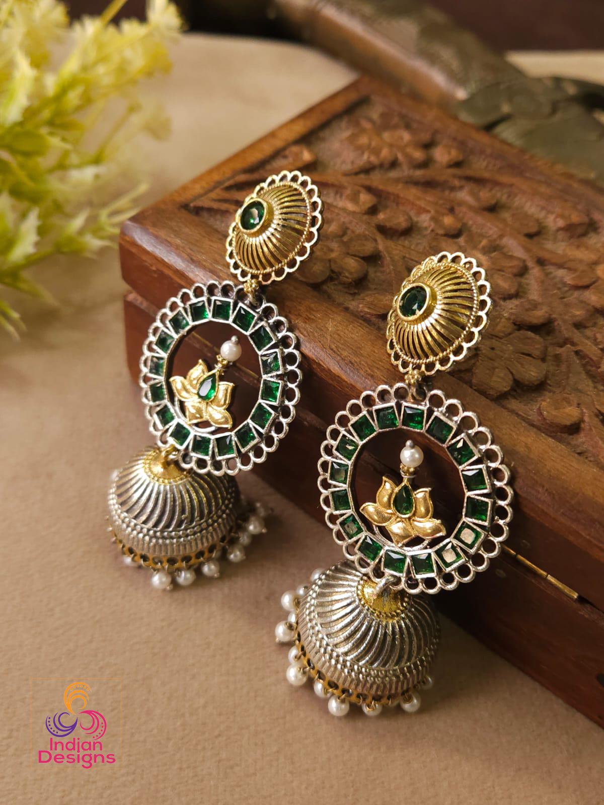 Lotus Oxidized Jhumka Earrings| Dual Tone Kemp Stone Earrings| Antique Silver Gold Jhumkas| Temple Style Earrings| Multicolor earrings