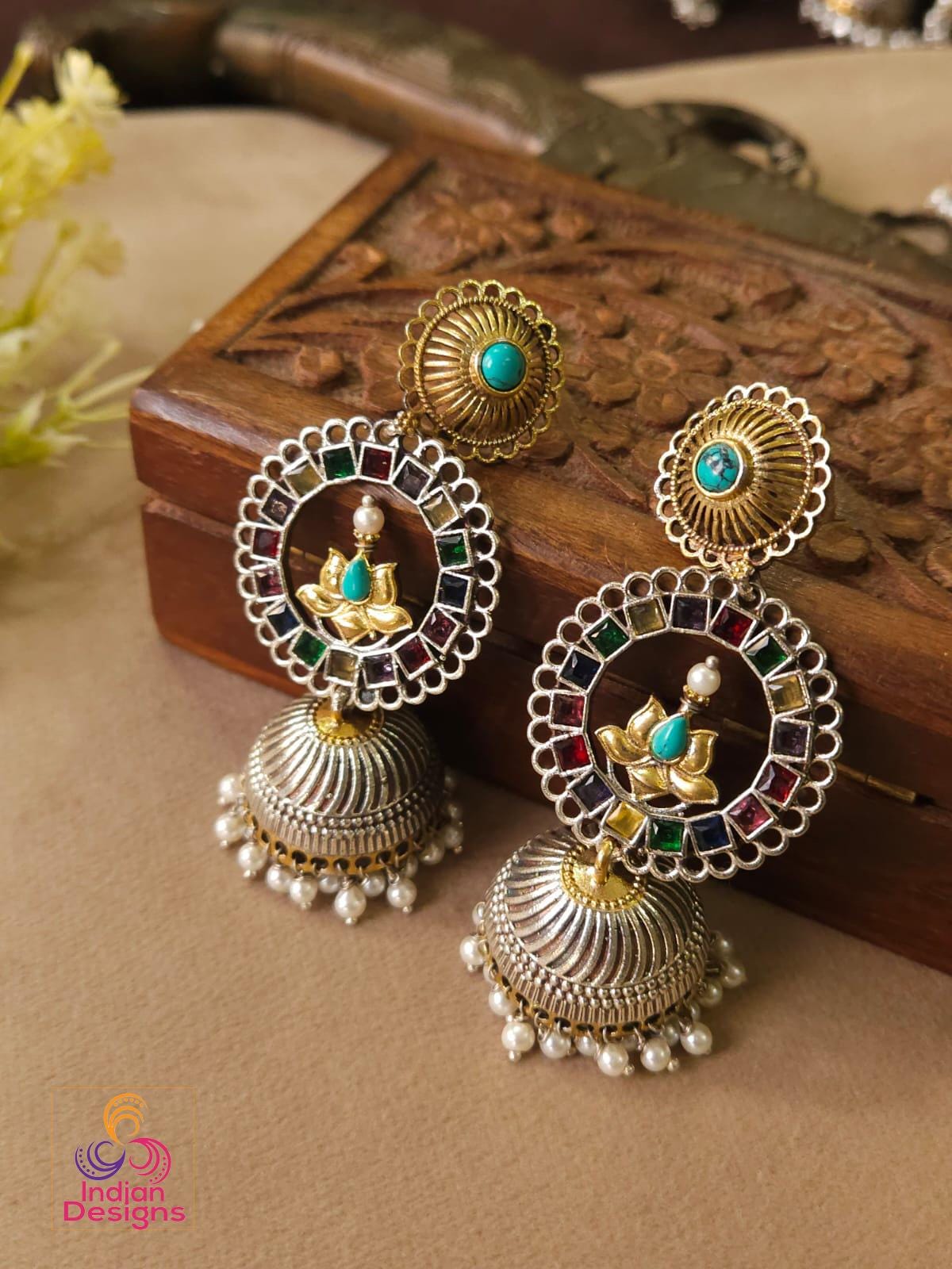 Lotus Oxidized Jhumka Earrings| Dual Tone Kemp Stone Earrings| Antique Silver Gold Jhumkas| Temple Style Earrings| Multicolor earrings