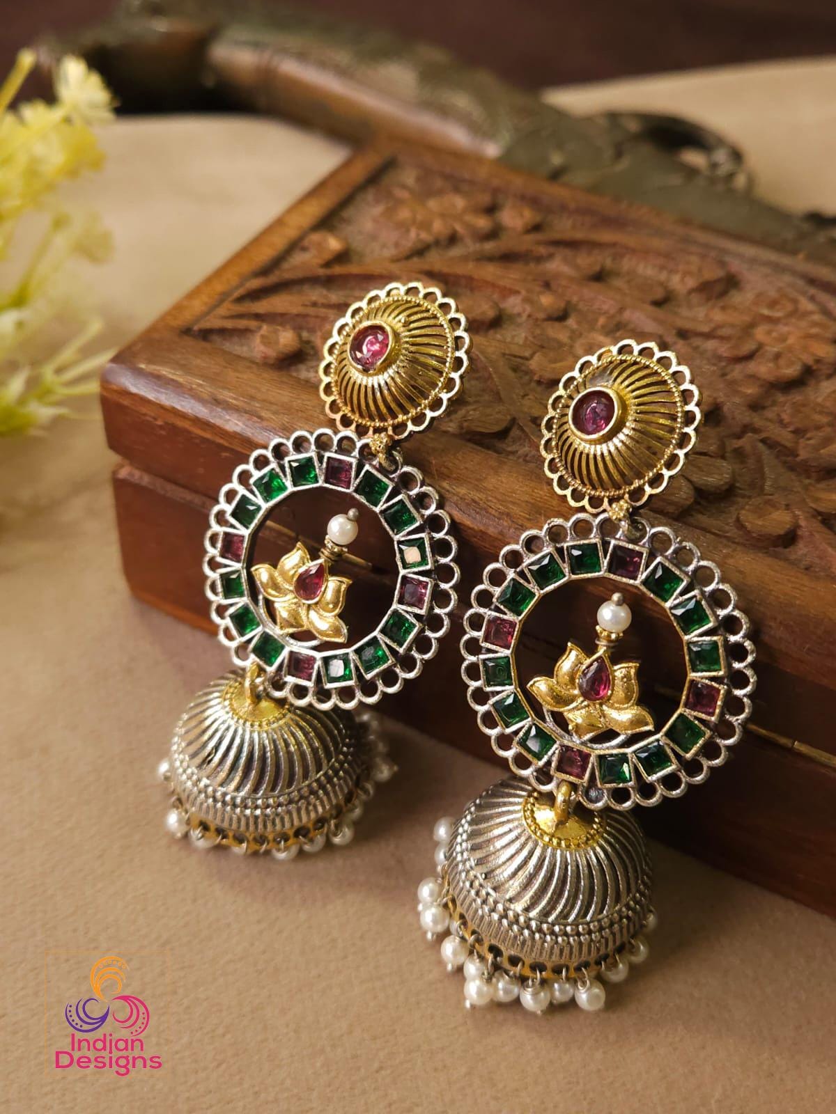 Lotus Oxidized Jhumka Earrings| Dual Tone Kemp Stone Earrings| Antique Silver Gold Jhumkas| Temple Style Earrings| Multicolor earrings