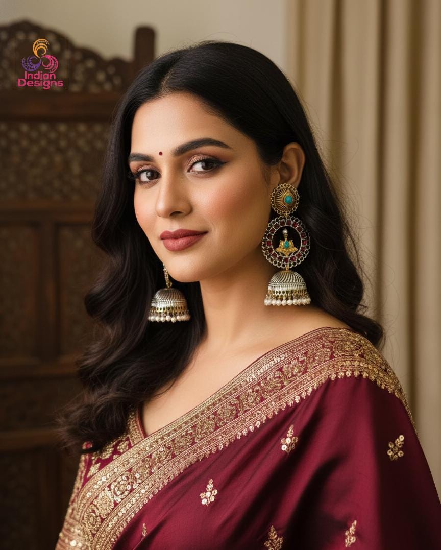 Lotus Oxidized Jhumka Earrings| Dual Tone Kemp Stone Earrings| Antique Silver Gold Jhumkas| Temple Style Earrings| Multicolor earrings