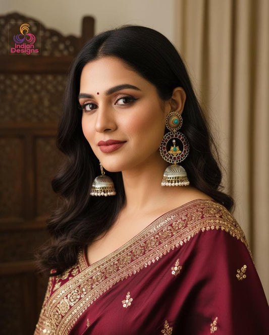 Lotus Oxidized Jhumka Earrings| Dual Tone Kemp Stone Earrings| Antique Silver Gold Jhumkas| Temple Style Earrings| Multicolor earrings