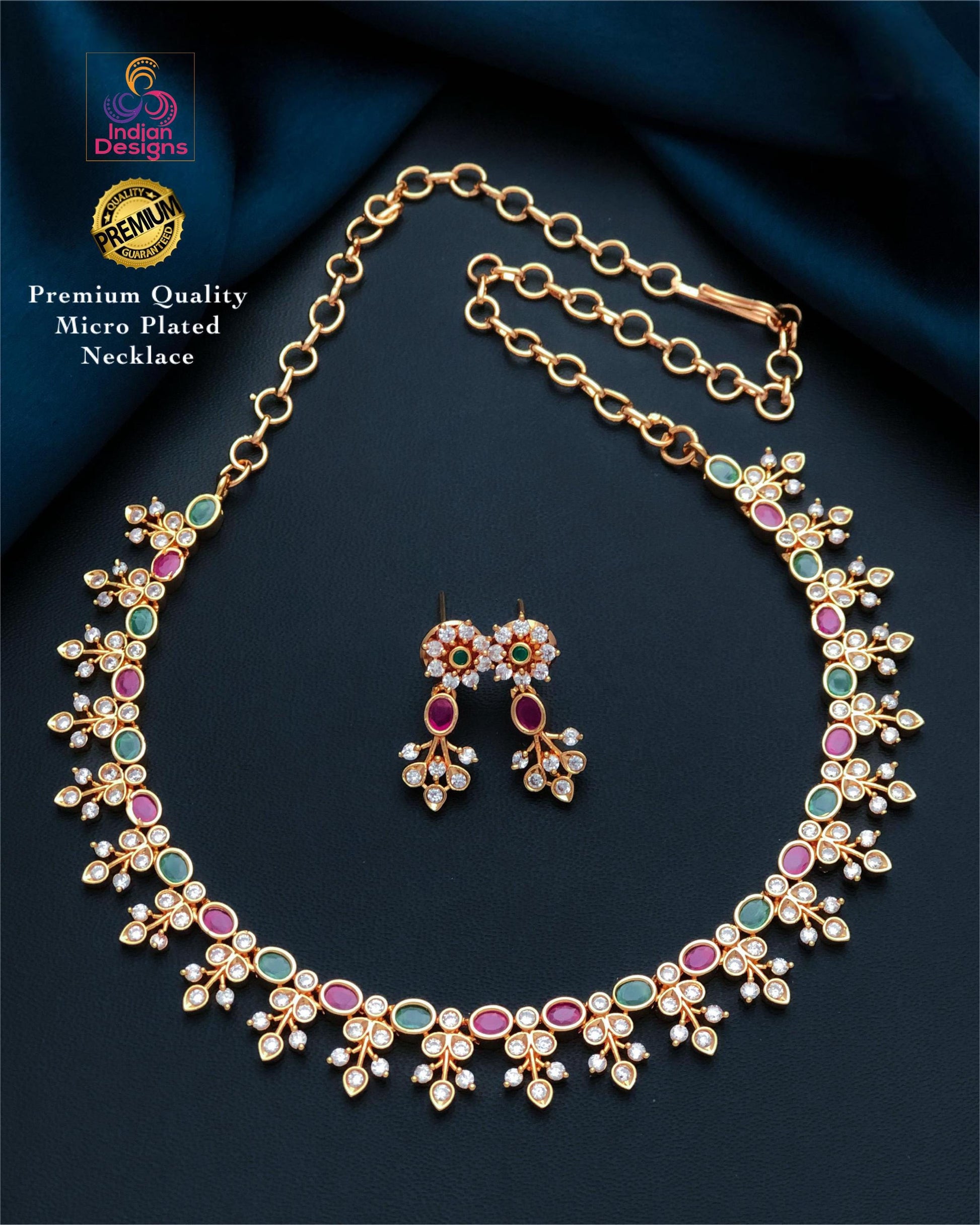 American Diamond Ruby Green Necklace Set| Matte Finish CZ Jewelry with Pearl Drop| Wedding & Party Wear Necklace Earring Combo|Gift for her