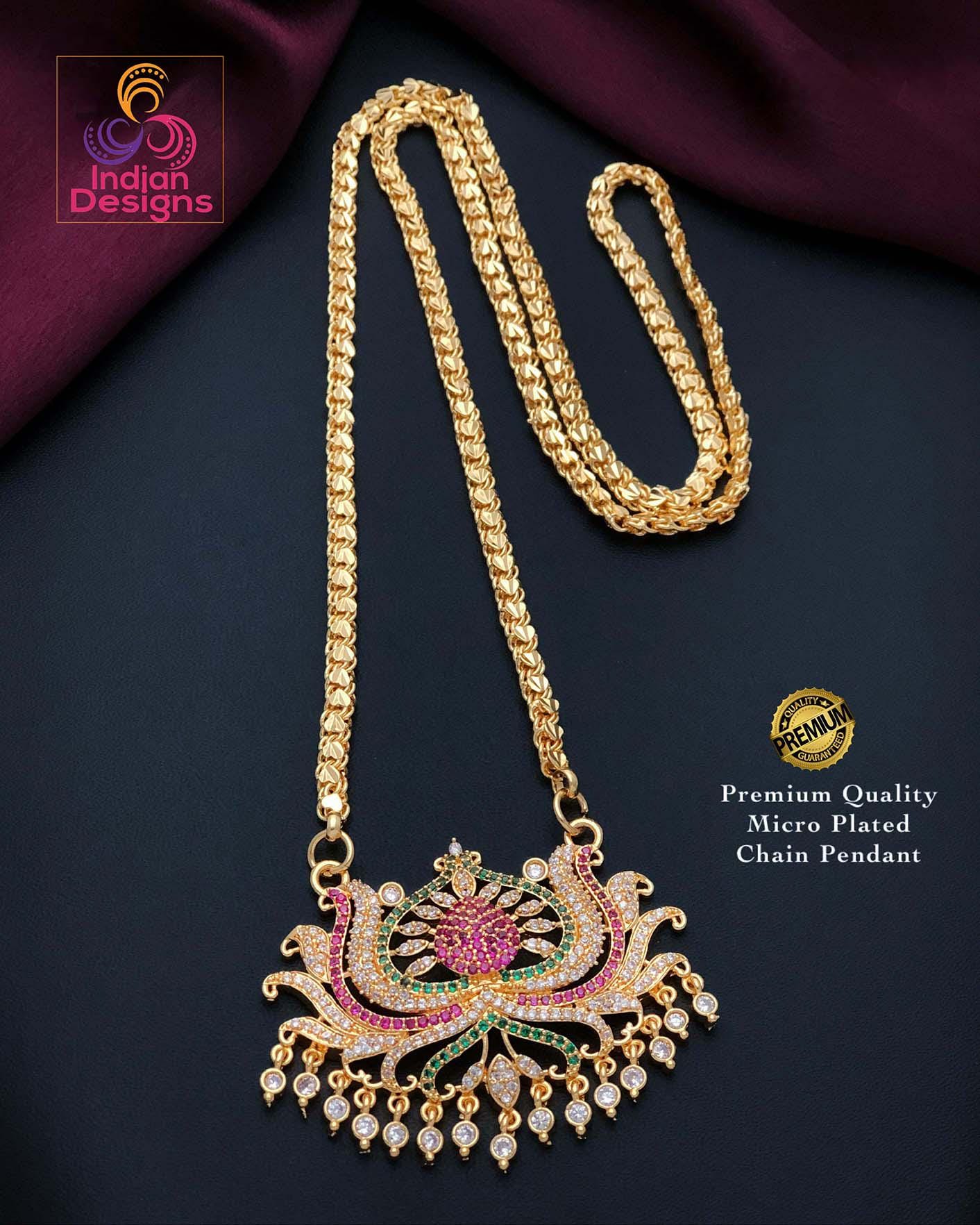 Gold Plated Lotus Pendant Chain Necklace| American Diamond Ruby Green Pendant Jewelry| Traditional South Indian statement Pendant Necklace|