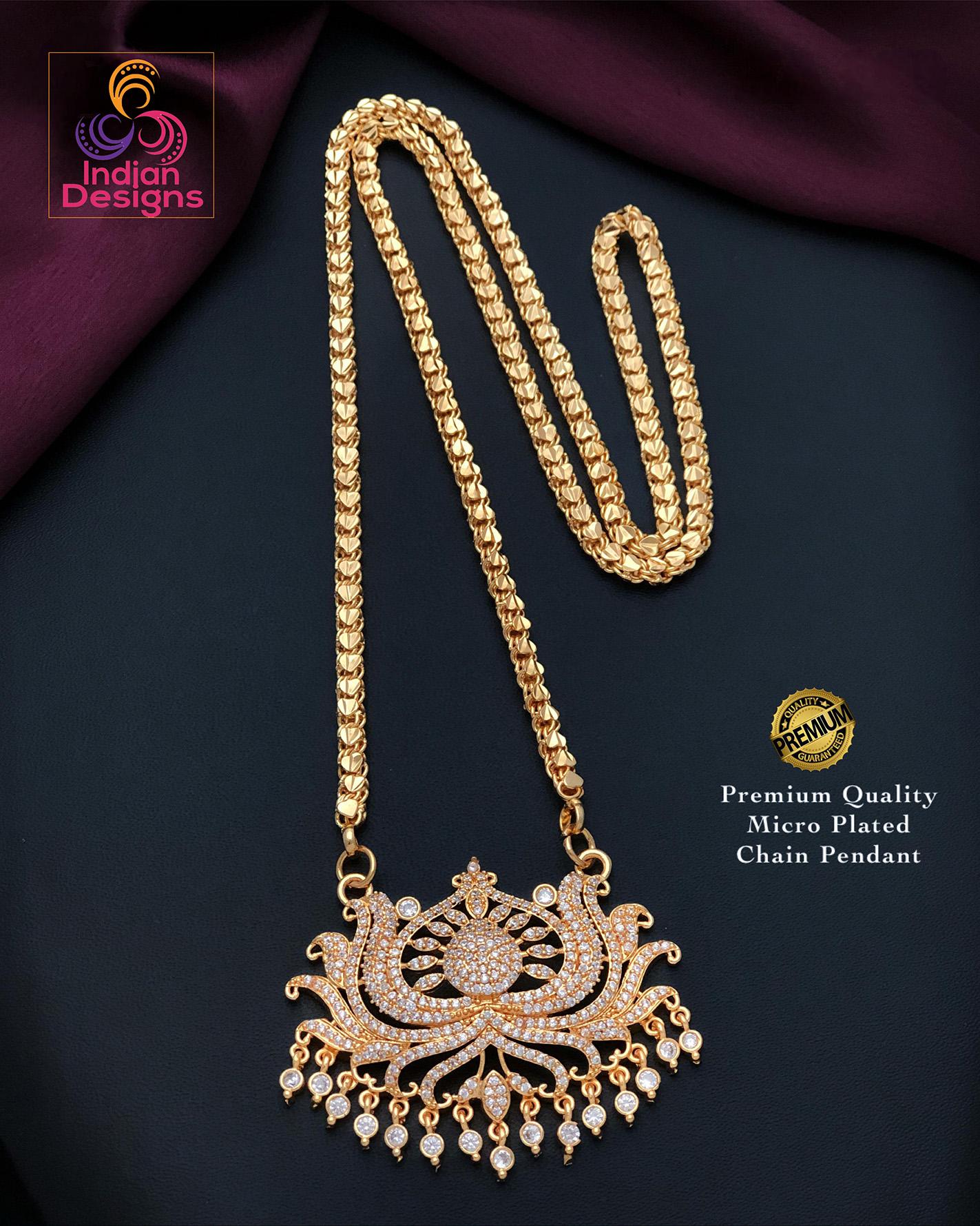 Gold Plated Lotus Pendant Chain Necklace| American Diamond Ruby Green Pendant Jewelry| Traditional South Indian statement Pendant Necklace|
