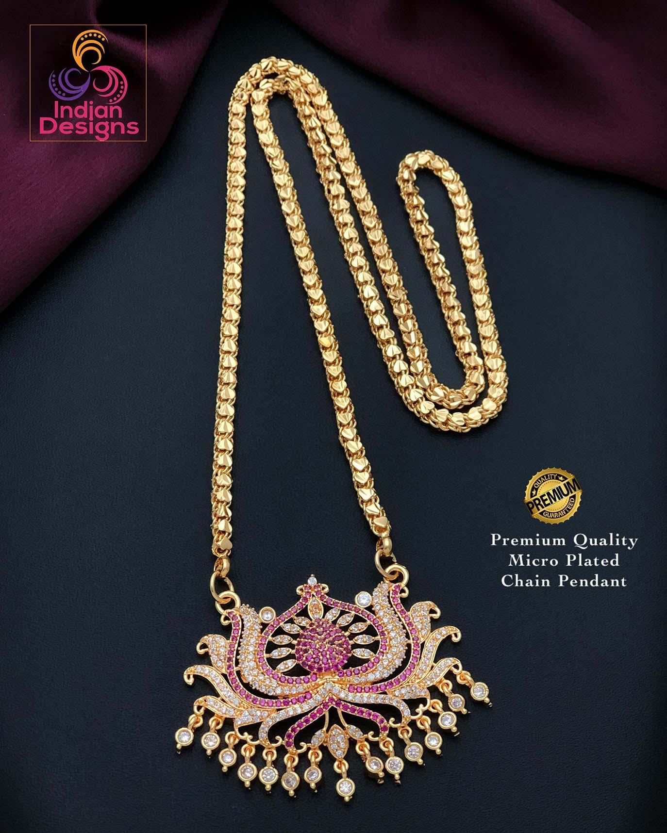 Gold Plated Lotus Pendant Chain Necklace| American Diamond Ruby Green Pendant Jewelry| Traditional South Indian statement Pendant Necklace|