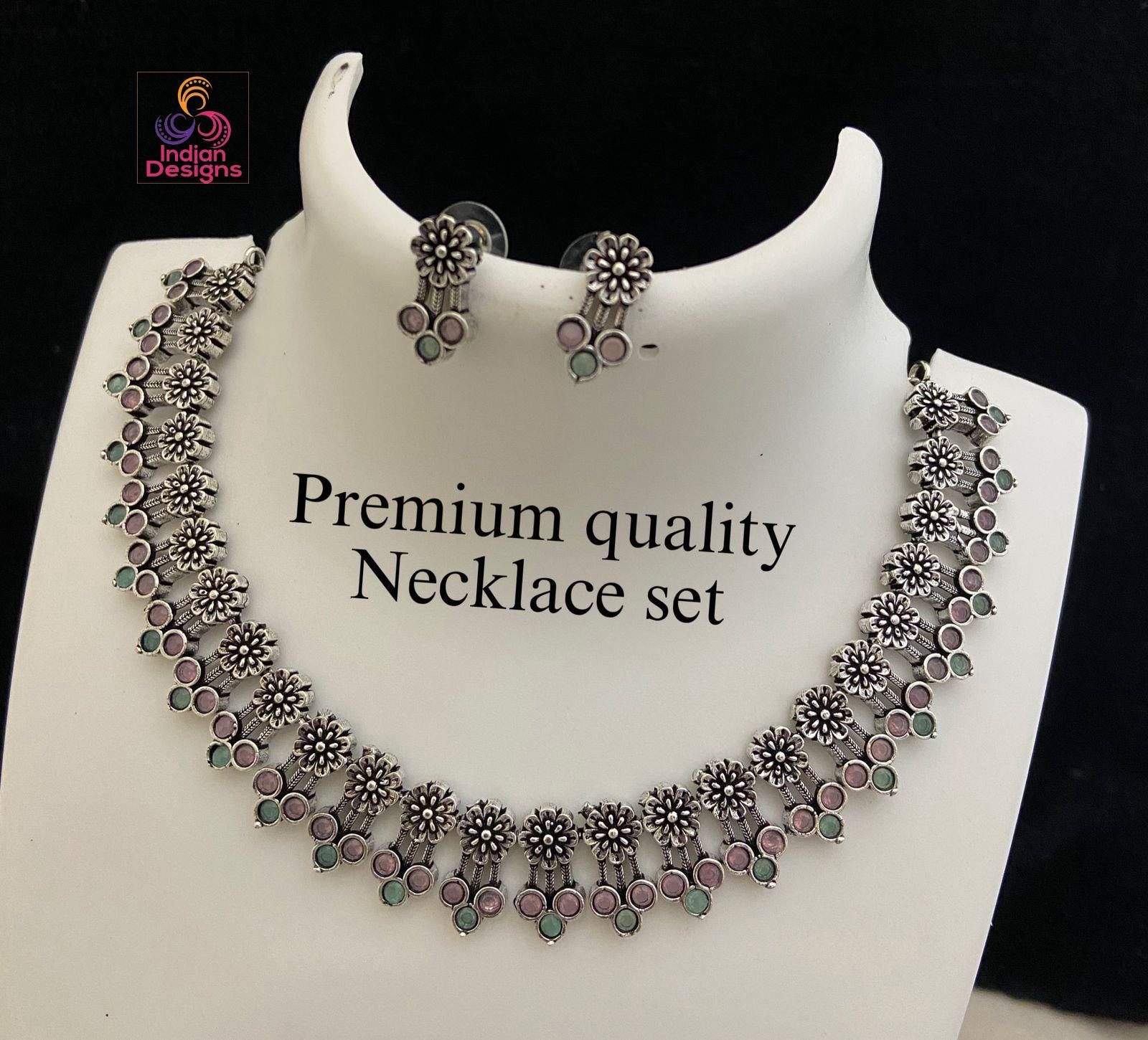 Indian Oxidized Choker Necklace Earring set| Oxidized German Silver Jewelry| Antique Necklace with Earrings by Indian Designs| Gift for her