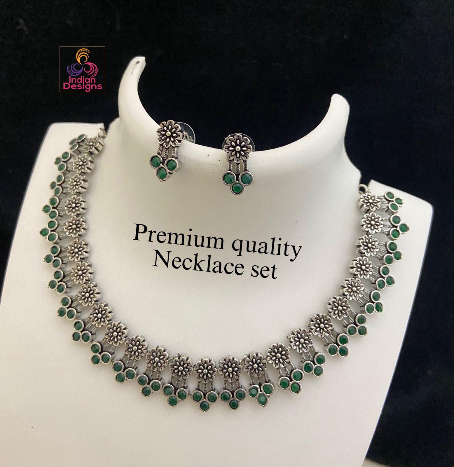 Indian Oxidized Choker Necklace Earring set| Oxidized German Silver Jewelry| Antique Necklace with Earrings by Indian Designs| Gift for her