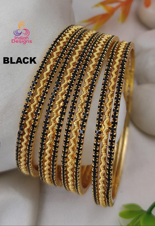 Black stone Golden Bangles set of 4| American Diamond Crystal stackable Wedding bangle set| One gram gold Indian bangle set| Gift for her