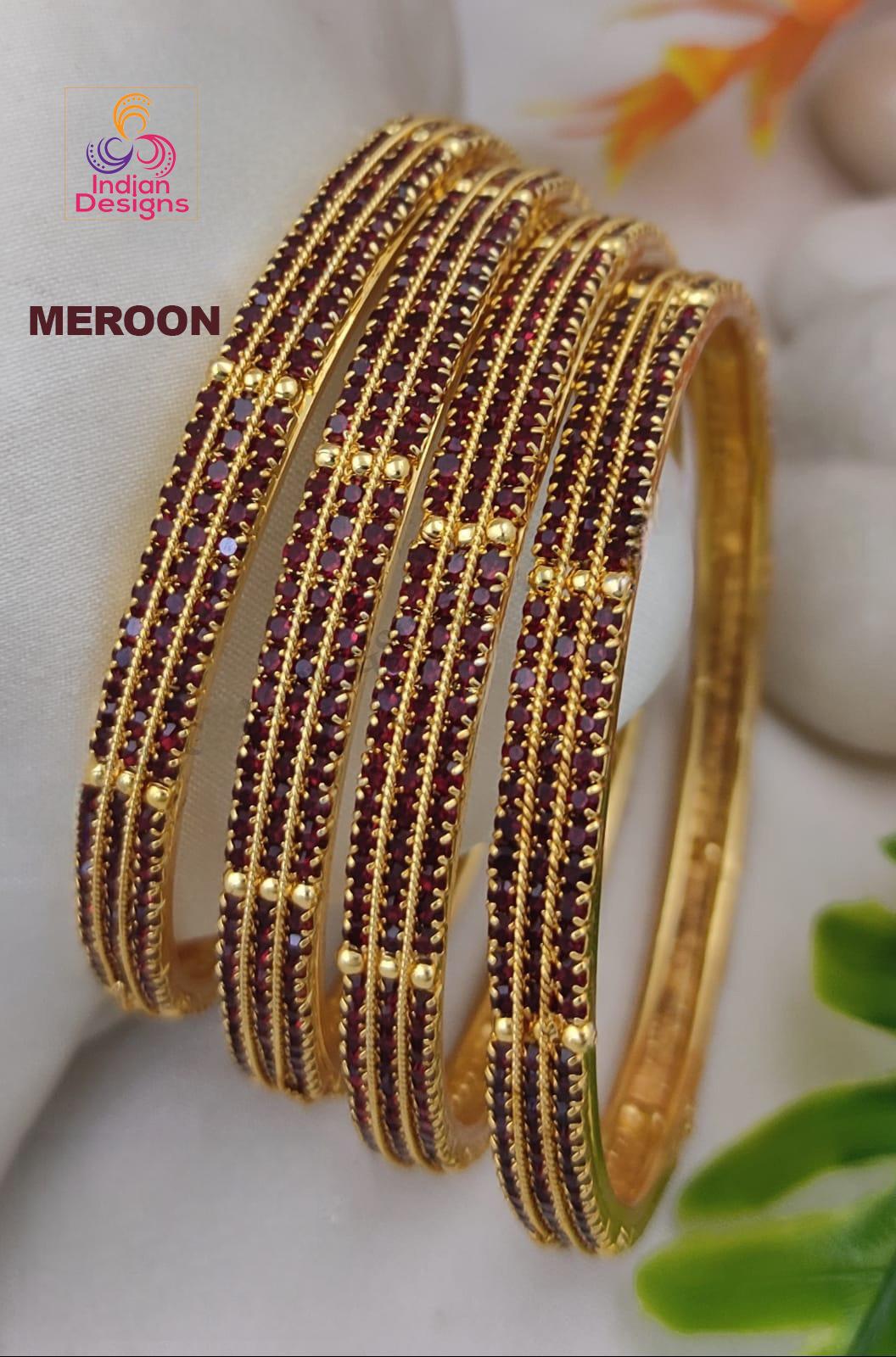 Meroon stone Golden Bangles set of 4| American Diamond Crystal stackable Wedding bangle set| One gram gold Indian bangle set| Gift for her