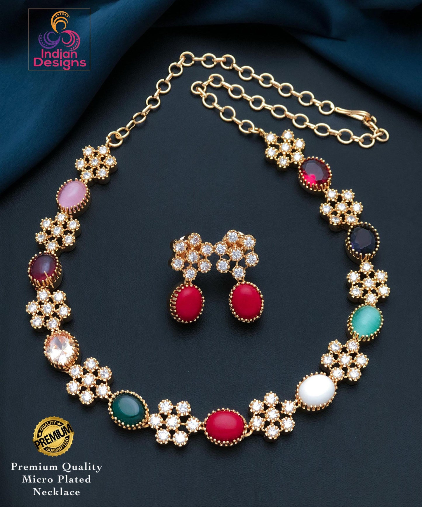 Navaratna Multicolor stone Necklace Earrings Set| Gold Plated Choker Necklace| Indian jewelry| Light-weight Party wear jewelry| Gift for her