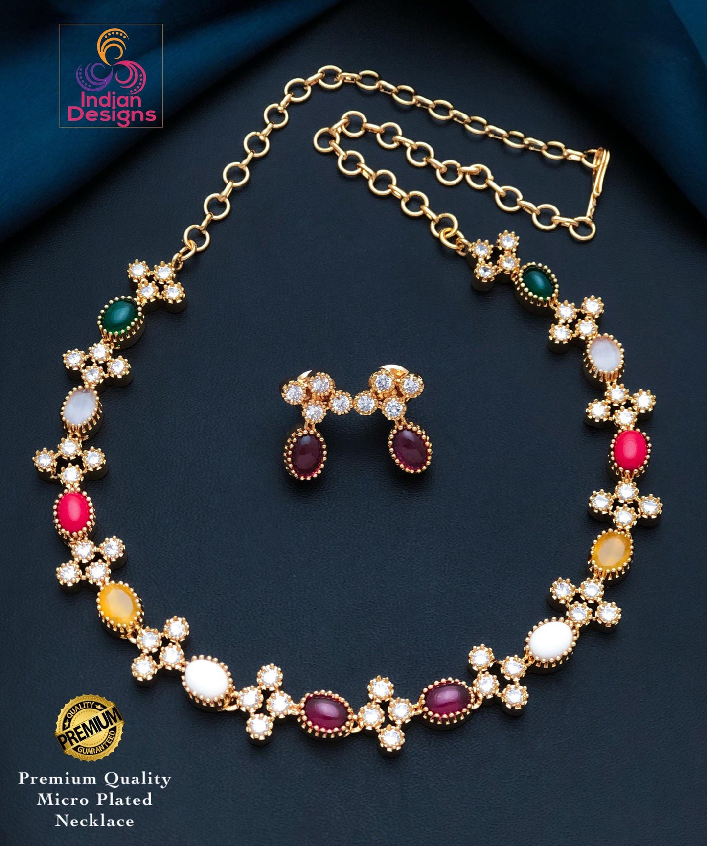 Navaratna Multicolor stone Necklace Earrings Set| Gold Plated Choker Necklace| Indian jewelry| Light-weight Party wear jewelry| Gift for her