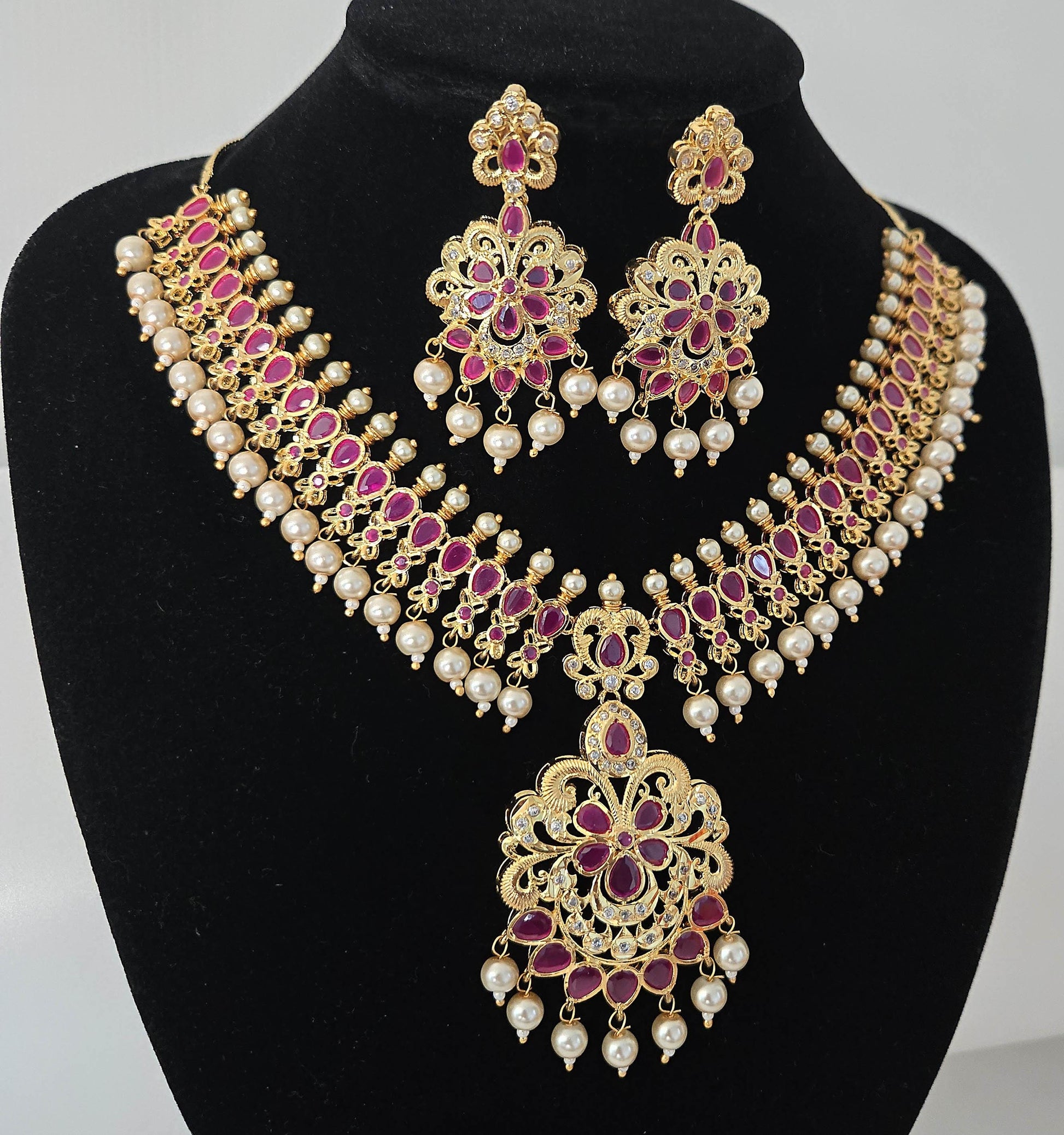 Ruby Pearl Gold Plated Necklace Set| South Indian Temple Jewelry| Luxury Bridal Choker with Jhumka Earrings| Wedding Jewelry| Gift for her