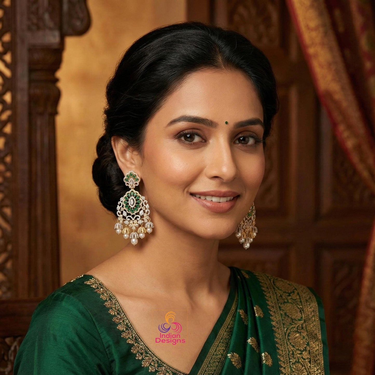 AD Stone Jhumka Earrings| Ruby, Emerald & White stones| Gold Plated Pearl Drop Earrings| South Indian Jewelry by Indian Designs|Gift for her