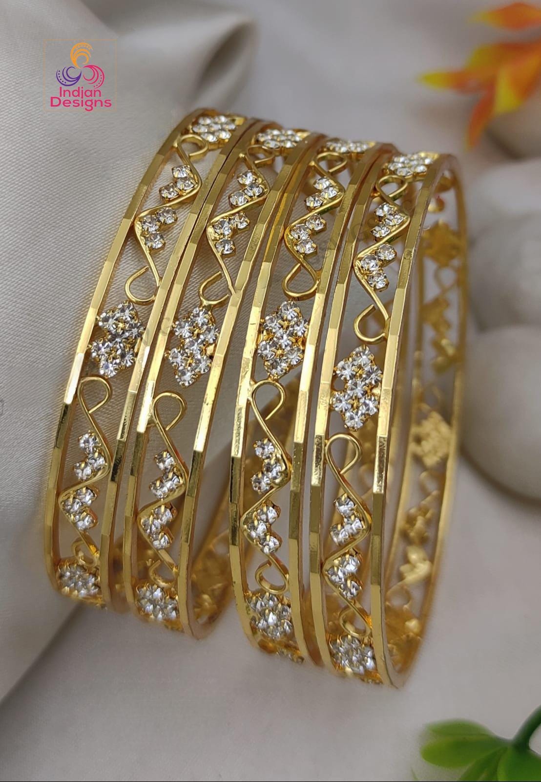 Gold Plated AD Stone Bangles Set of 4| Lightweight American Diamond Bangles| Daily Wear Indian Jewelry| CZ Stone Gold Plated Kada bracelet